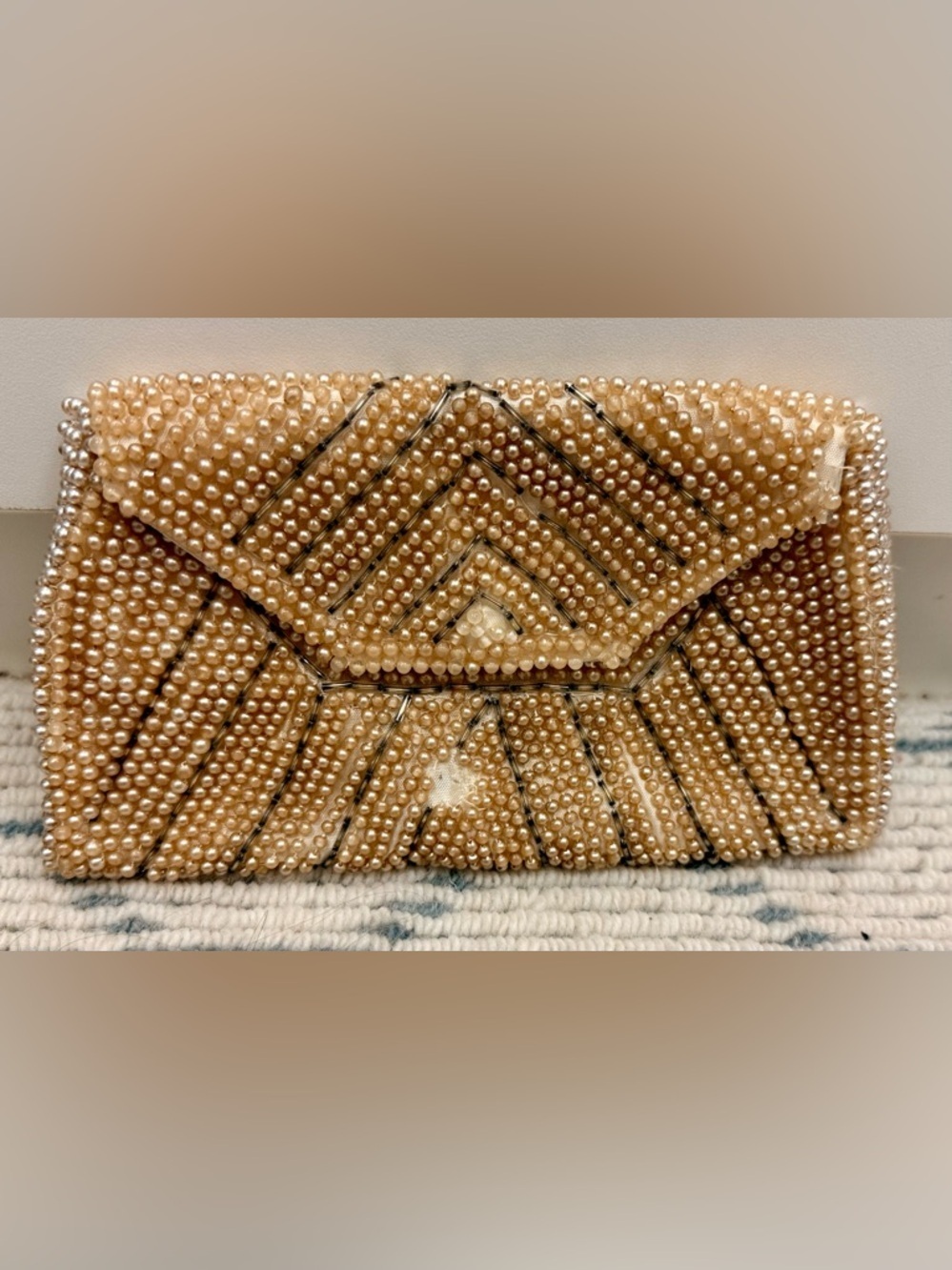 RICCI Vintage 50’s/60’s Creamy Faux Pearl Chevron Beaded Envelope Clutch Purse - Picture 16 of 16